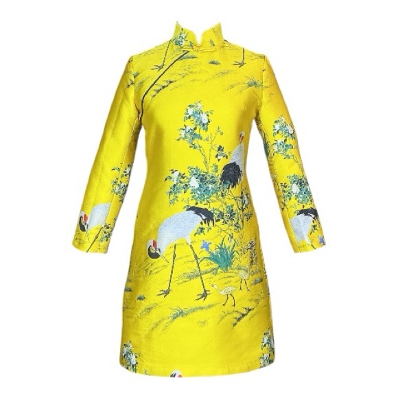 Yellow Crane Floral Print Cheongsam Qipao Mandarin Collar Min Dress Size M - Picture 2 of 9